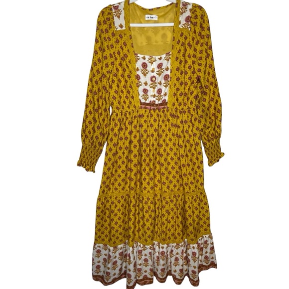 in loom Dresses & Skirts - In Loom Floral Gold Yellow Purple Maxi Dress L BohoFestival SummerFairycore NWOT